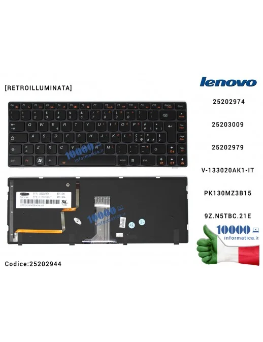 25202944 Tastiera Italiana LENOVO IdeaPad Y480 (FRAME NERO) [RETROILLUMINATA] 25202974 PK130MZ3B15 9Z.N5TBC.21E 25203009 2520...