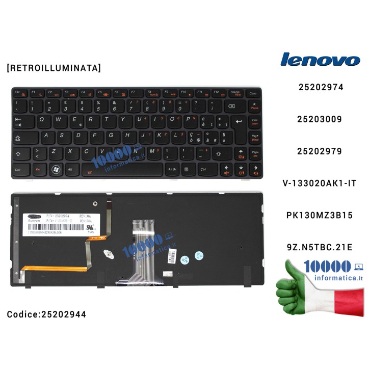 Tastiera Italiana LENOVO IdeaPad Y480 (FRAME NERO) [RETROILLUMINATA] 25202974 PK130MZ3B15 9Z.N5TBC.21E 25203009 25202979