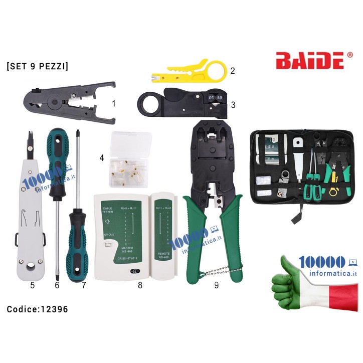 Borsetta Attrezzi Rete Kit Networking SPLINKTECH RJ1-KIT Set 9 pezzi per Pinza Crimpatrice 8P8C RJ45 Plug Tester LAN Connettori 