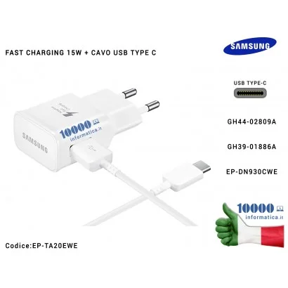 Carica Batteria USB [15W] SAMSUNG (BIANCO) + Cavo TYPE-C (BULK) Galaxy S8 Galaxy S8 Plus SM-G950F SM-G955F