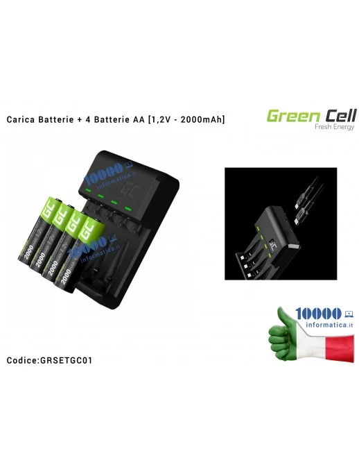 Carica Batterie Universale AA/AAA (MicroUSB e USB-C) GC VitalCharger + 4 Batterie Stilo AA Ricaricabili Green Cell Ni-MH [1,2V -