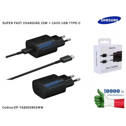 Caricabatterie USB-C [25W] SAMSUNG (NERO) + Cavo TYPE-C EP-TA800EBE (BLISTER) Galaxy Note 10 S10 5G S20 + S20 Ultra Note 20 A70 