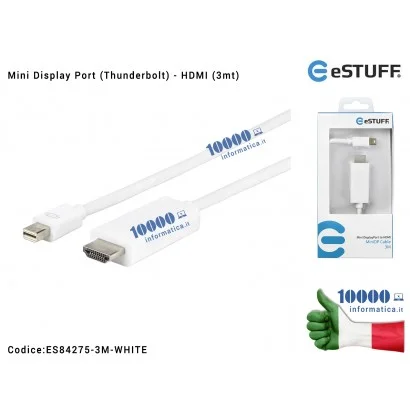 Cavo Adattatore da Mini DP (Thunderbolt) a HDMI eSTUFF [3mt] (Maschio-Maschio) [BIANCO] cavetto per collegamento Mini DisplayPor