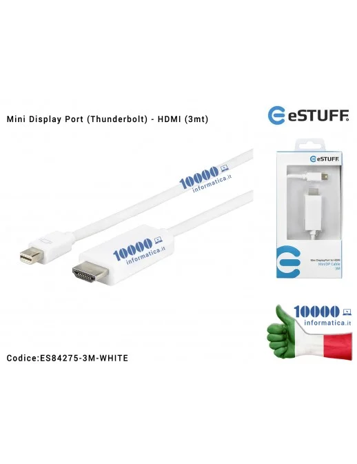 Cavo Adattatore da Mini DP (Thunderbolt) a HDMI eSTUFF [3mt] (Maschio-Maschio) [BIANCO] cavetto per collegamento Mini DisplayPor