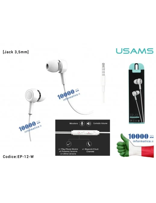 Cuffie Auricolari Impermeabili USAMS EP-12 Jack Audio 3,5mm [BIANCO] con Microfono e Controllo Line-in Rivestimento in-Ear Water