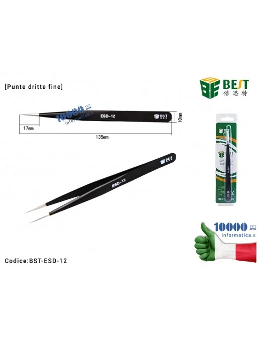 Pinzetta di Precisione Antistatica BEST ESD-12 Anti-magnetica [Punte dritte fine] Scheda Madre Notebook Smartphone Tablet BGA PC