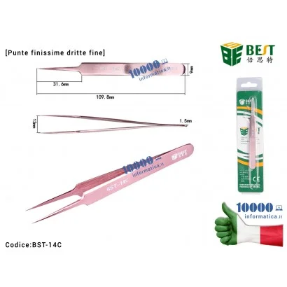 Pinzetta di Precisione BEST BST-14C [Punte Finissime Dritte] Anti-acid Tipped Stainless Steel Tweezer Fine Pointed Tips With Hea