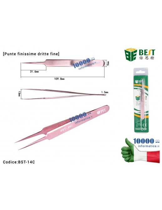 Pinzetta di Precisione BEST BST-14C [Punte Finissime Dritte] Anti-acid Tipped Stainless Steel Tweezer Fine Pointed Tips With Hea
