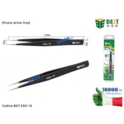 Pinzetta di Precisione BEST ESD-16 [Punte Fine Dritte] Anti-acid Tipped Stainless Steel Tweezer Fine Pointed Tips With Heat Resi