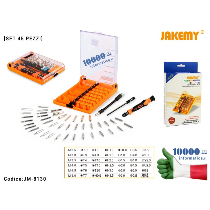 Kit di riparazione JACKEMY JM-8130 [Set 45 pezzi] Esagonali Torx mini Stella Kit per Riparazione Cellulari fai da te Precision H