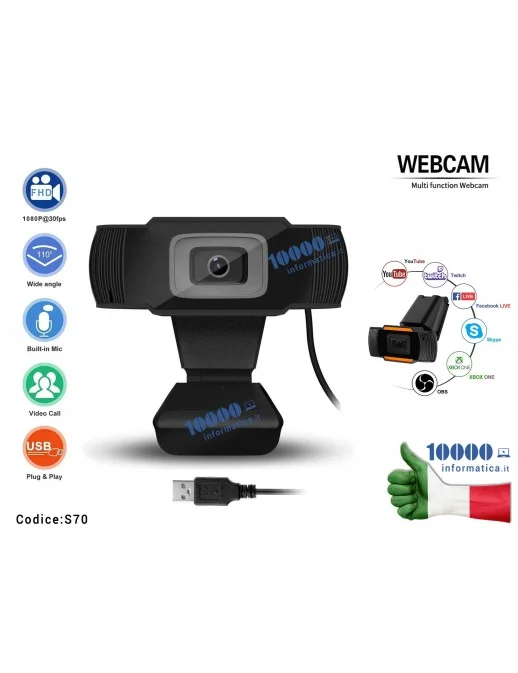 Webcam FHD 1080P 30fps con Microfono per Video Conferenza Live IP Camera AutoFocus USB 2.0 Per Notebook Laptop Computer