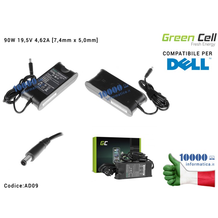 Alimentatore Green Cell 90W 19,5V 4,62A [7,4mm x 5,0mm] Compatibile per DELL Latitude D600 D610 D620 D630 D400 D800 1545 XPS 16 