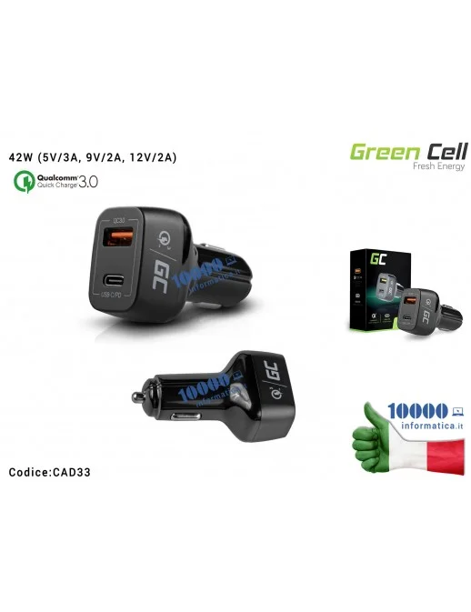 CAD33 Alimentatore Green Cell per Auto USB e USB-C 42W (5V/3A, 9V/2A, 12V/2A) Carica Batteria Universale per Macchina QC 3.0 ...