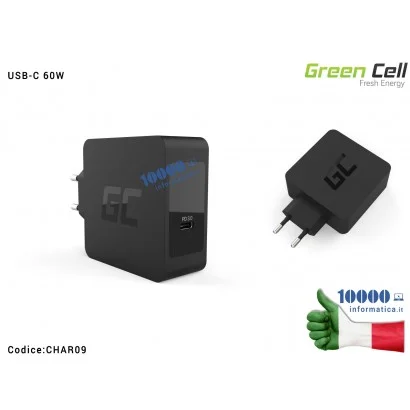 CHAR09 Alimentatore USB-C 60W Green Cell per APPLE MacBook Pro 13 Asus ZenBook, HP Spectre, Lenovo ThinkPad, Ipad, iPhone