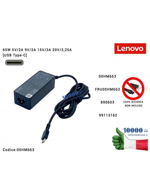 00HM663 Alimentatore LENOVO 45W [USB-C] ThinkPad L14 GEN 2 TYPE 20X1 20X2 S 00HM663 FRU00HM663 890603 99113162
