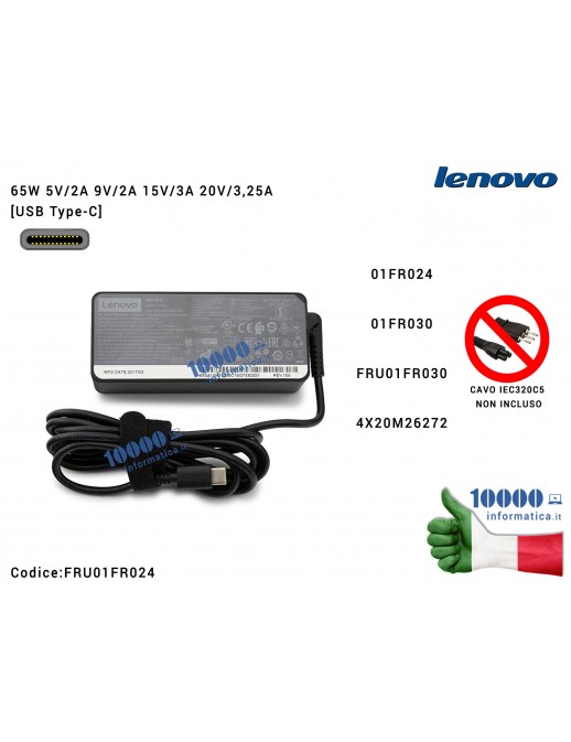 01FR024 Alimentatore LENOVO 65W [USB-C] ThinkPad X280 T480 T480s T570 01FR024 01FR030 4X20M26272 FRU01FR024 FRU01FR030