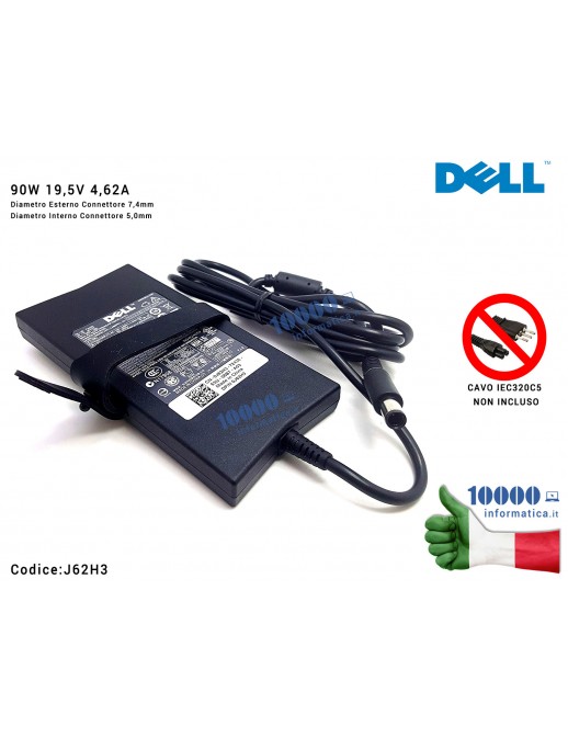 Alimentatore DELL 90W 19,5V 4,62A [7,4 x 5,0 mm] J62H3 CN-0J62H3 0J62H3 Inspiron 1150 1546  1555 1564 1570 15R N5520 P25F 7520 1