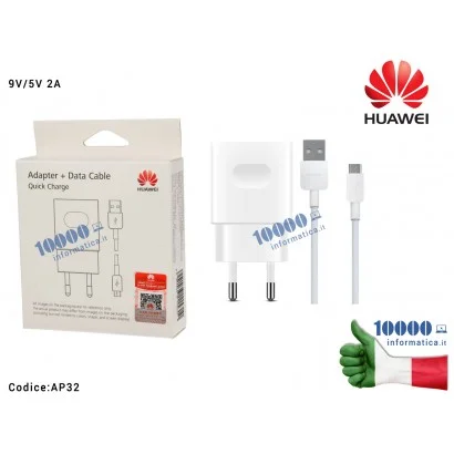 AP32 Alimentatore Carica Batteria USB HUAWEI AP32 9V/5V 2A + Cavo microUSB [BIANCO] (Ricarica Veloce)