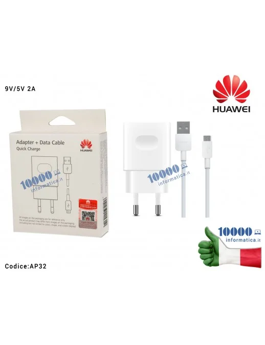 AP32 Alimentatore Carica Batteria USB HUAWEI AP32 9V/5V 2A + Cavo microUSB [BIANCO] (Ricarica Veloce)
