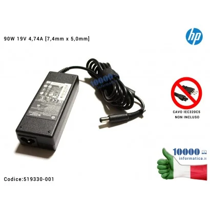 519330-001 Alimentatore HP 90W 19V 4,74A [7,4mm x 5,0mm] Pavilion DV4 DV5 DV6 DV7 6720s Envy 15 463955-001
