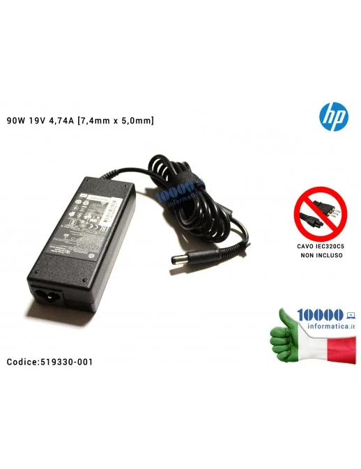 519330-001 Alimentatore HP 90W 19V 4,74A [7,4mm x 5,0mm] Pavilion DV4 DV5 DV6 DV7 6720s Envy 15 463955-001