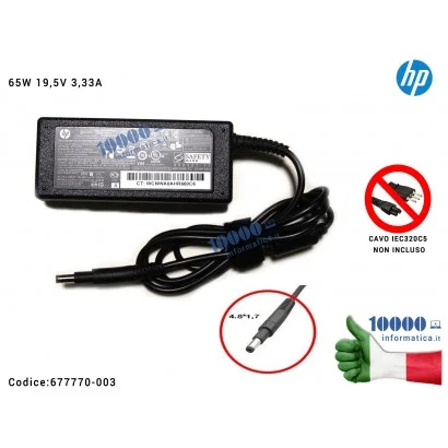 677770-003 Alimentatore HP 65W 19,5V 3,33A [4,8 x 1,7mm] 677770-003 693715-001 ProBook 440 450 455 470 640 G1 G2 G3 G4 Envy 4...