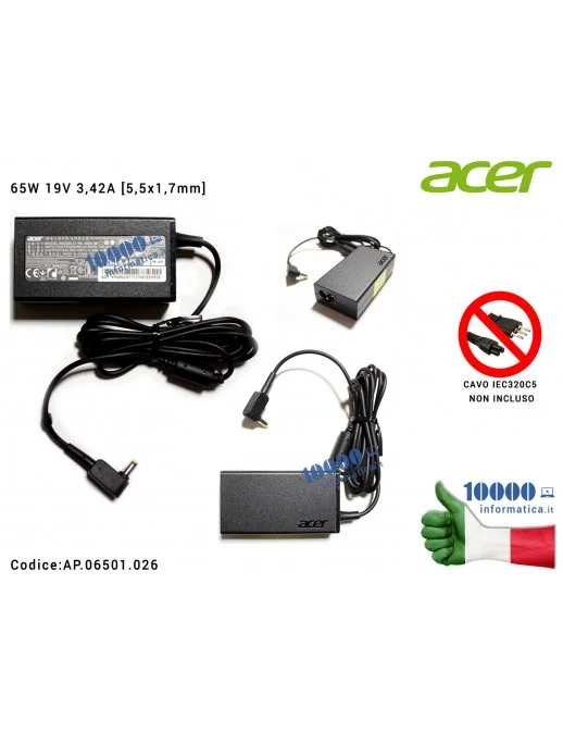 AP.06501.026 Alimentatore ACER 65W 19V 3,42A [5,5 x 1,7 mm] Aspire 3750 3820 4250 4740 4750 5553 5560 5740 5745 7735 7750 AP....