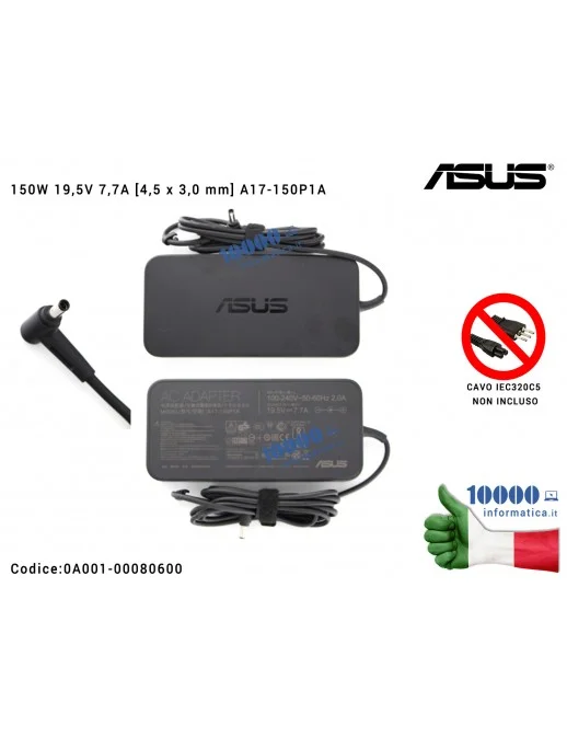 0A001-00080600 Alimentatore ASUS 150W 19,5V 7,7A [4,5 x 3,0 mm] ZenBook Pro 15 UX580 UX580DG A17-150P1A UX550 UX550GD UX550GD...