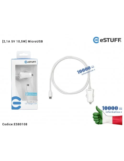 ES80108 Alimentatore da Auto MicroUSB [5V 2,1A 10,5W ] eSTUFF [BIANCO] (1 mt) Caricabatteria per Accendisigari Macchina Car C...