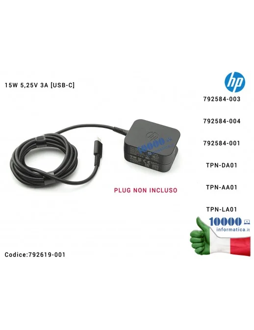 792619-001 Alimentatore HP 15W 5,25V 3A [USB-C] Pro Tablet 608 G1 Pavilion X2 10-n X2 210 G1 TPN-DA01TPN-AA01 TPN-LA01 792584...