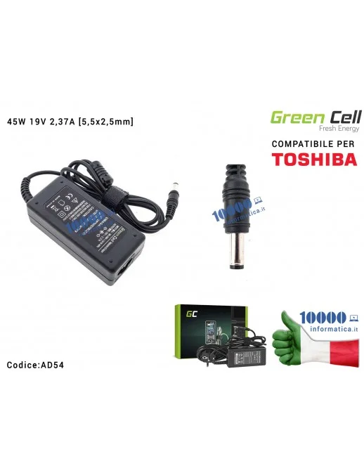 AD54 Alimentatore Green Cell 45W 19V 2,37A [5,5x2,5mm] Compatibile per TOSHIBA Satellite A100 A200 A300 L300 L40 L100 M600 M6...