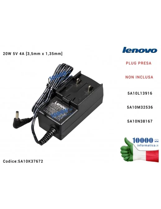 5A10K37672 Alimentatore LENOVO 20W 5V 4A [3,5mm x 1,35mm] (SENZA PLUG) 100S-11IBY (80R2) Miix 310-10ICR (80SG) Miix 320-10ICR...