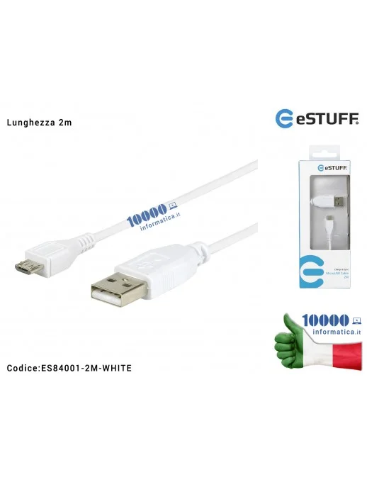ES84001-2M-WHITE Cavo Dati Ricarica USB a microUSB eSTUFF [2 metri] Asus Samsung Huawei Lenovo Nokia