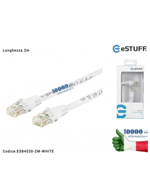 ES84530-2M-WHITE Cavo di Rete RJ45 Ethernet Gigabit eSTUFF [Lunghezza 2m] UTP CAT 5e 10/100/1000 Mbits Cavo Patch LAN (maschi...
