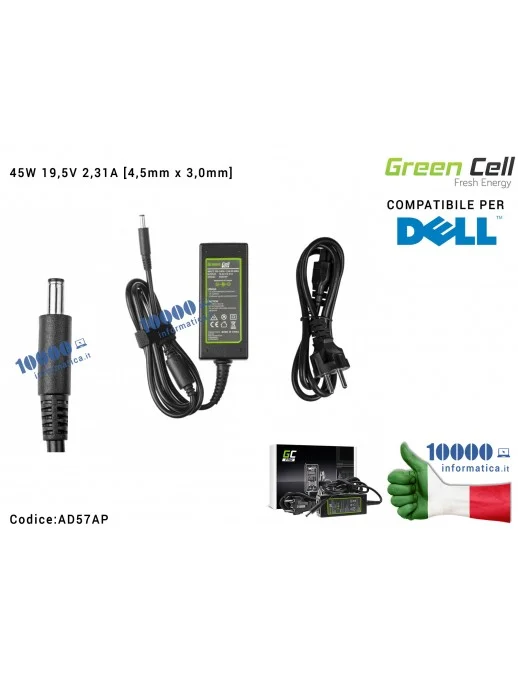 AD57AP Alimentatore Green Cell PRO 45W 19,5V 2,31A [4,5mm x 3,0mm] Compatibile per DELL XPS 12 13 Inspiron 14 (3452) (5451) 1...