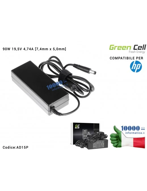 AD15P Alimentatore HP 90W 19V 4,74A [7,4x5,0mm] Green Cell PRO HP DV4 DV5 DV6 DV7 6720s Envy 15 Compaq CQ61 CQ62