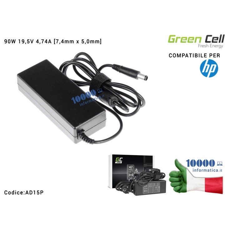 Alimentatore HP 90W 19V 4,74A [7,4x5,0mm] Green Cell PRO HP DV4 DV5 DV6 DV7 6720s Envy 15 Compaq CQ61 CQ62