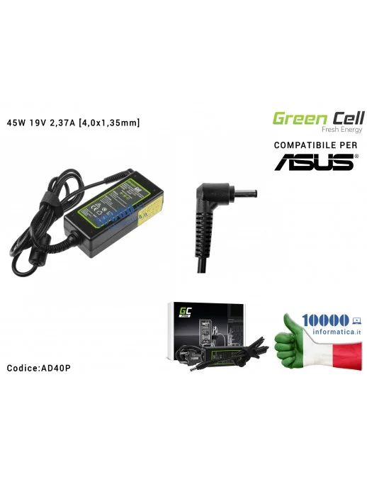AD40P Alimentatore Green Cell PRO 45W 19V 2,37A [4,0x1,35mm] Compatibile per ASUS R540 X200C X200M X201E X202E Vivobook F201E...