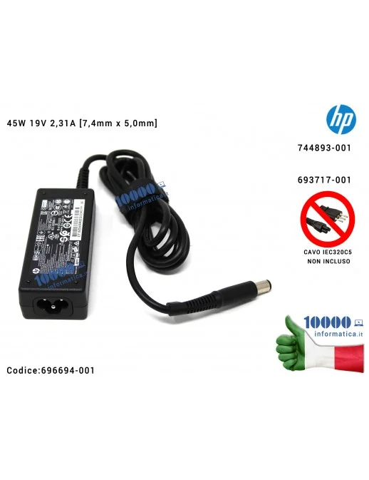 696694-001 Alimentatore HP 45W 19V 2,31A [7,4mm x 5,0mm] EliteBook Folio 9470m 744893-001 696694-001 693717-001