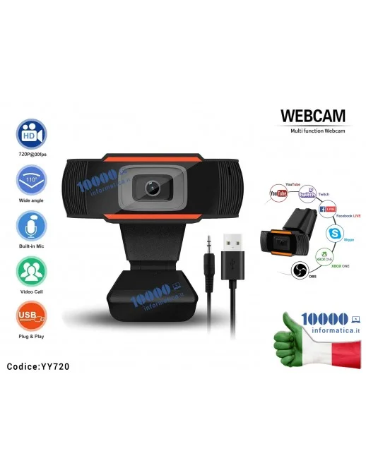 YY720 Webcam HD 720p con Microfono per Video Conferenza Live Camera IP AutoFocus USB 2.0 Per Notebook Laptop Computer