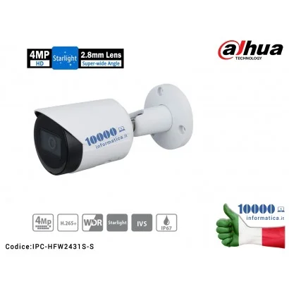 IPC-HFW2431S-S Telecamera IP DAHUA da esterno serie Lite Bullet 4 MP POE Ottica Fissa 2.8mm Smart IR 30mt, WDR 120dB e 3D DNR...