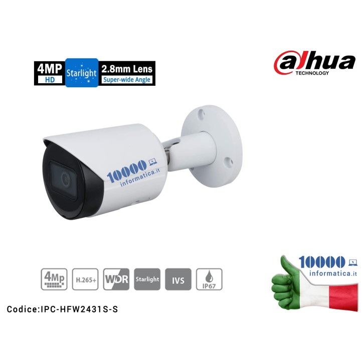 Telecamera IP DAHUA da esterno serie Lite Bullet 4 MP POE Ottica Fissa 2.8mm Smart IR 30mt, WDR 120dB e 3D DNR, SD card, IP67 ON