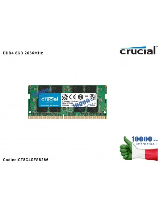 CT8G4SFS8266 Memoria RAM SO-DIMM DDR4 8GB CRUCIAL 2666MHz Single Rank CL19 Espansione Notebook PC4-21300 (260 PIN)