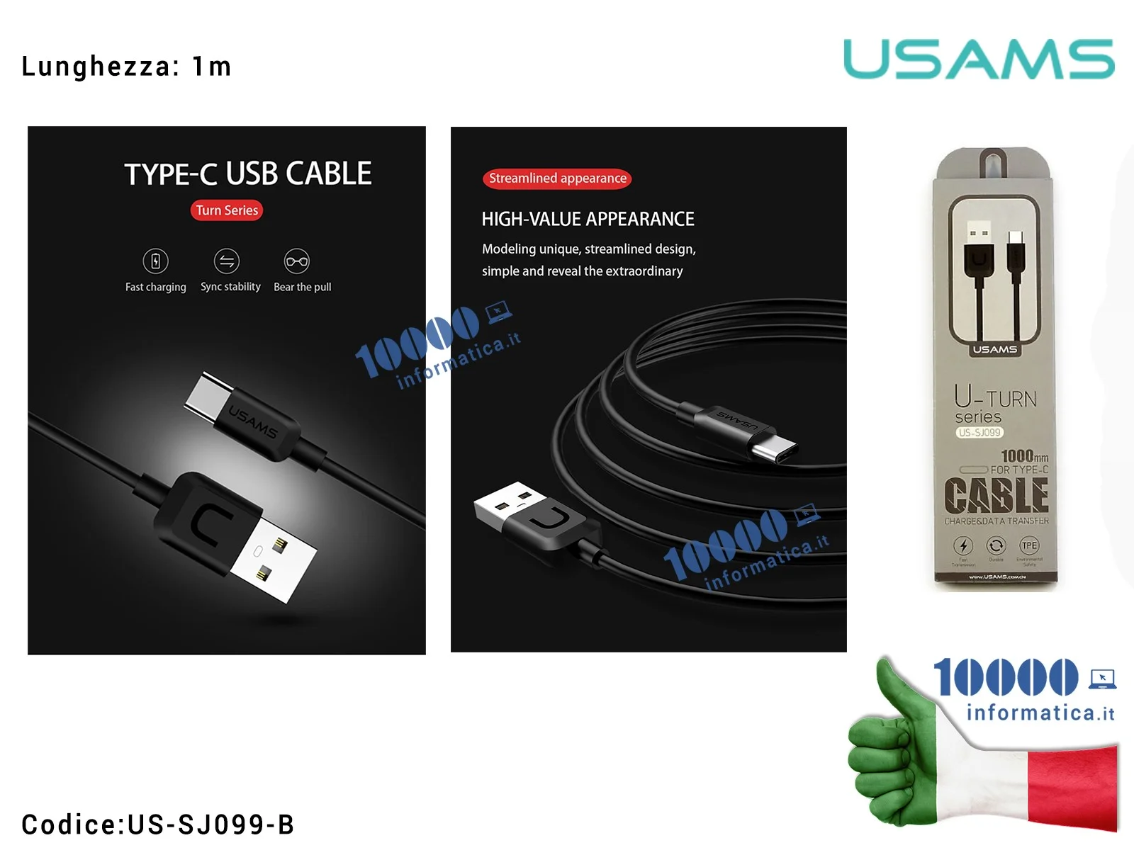 US-SJ099-B Cavo USB Tipo C USAMS SJ099 [NERO] (1m) U-Turn Durable TPE Universal Type-C USB-C Data & Fast 2A Charger Cable