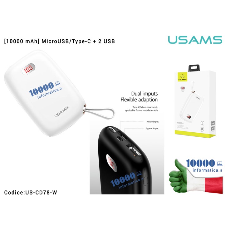 Power Bank Portatile USAMS US-CD78 [BIANCO] (10000mAh) Dual USB MicroUSB Type-C Digital Display