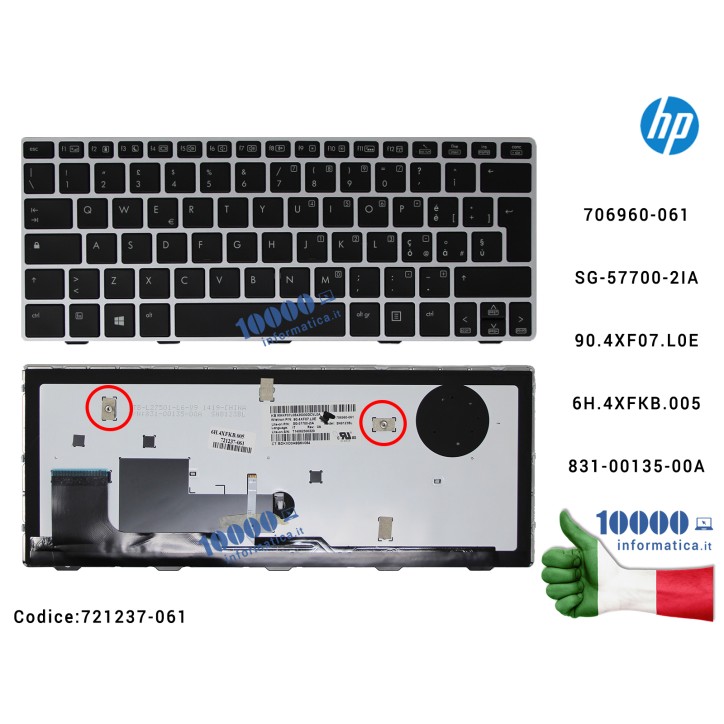 Tastiera Italiana Retroilluminata HP EliteBook 810 G1 (Frame SILVER) 90.4XF07.L0E 6H.4XFKB.005 831-00135-00A L27501-L6
