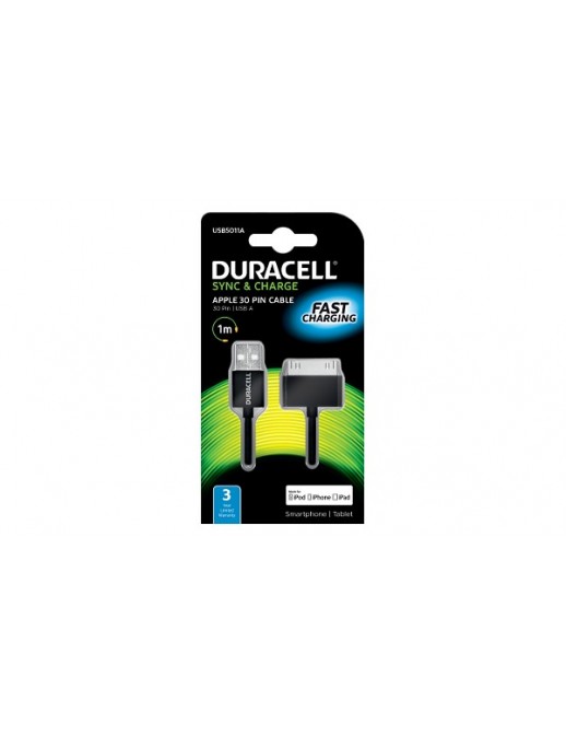 USB5011A USB5011A Duracell Sync/Charge Cavo 1 Metre Nera Adatto per Apple iPhone/iPad 30 Pin Devices