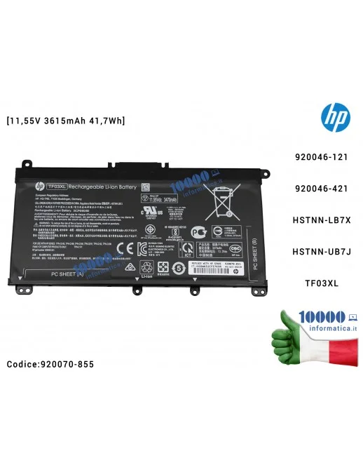 920070-855 Batteria TF03XL HP Pavilion 14-BF 14-BK 14-BP 15-CC 15-CD 15-CK 17-AR [3615mAh] 920046-421 920070-855 TPN-Q201 TPN...