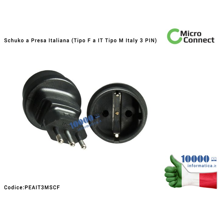 Adattatore Presa di corrente Schuko a Presa Italiana MICROCONNECT (Tipo F a IT Tipo M Italy 3 PIN) per Corda Alimentatore Notebo