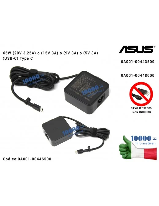 0A001-00446500 Alimentatore ASUS 65W 20V 3,25A [USB-C] ZenBook 3 UX490UA B9440UA (Type C) 0A001-00443500 0A001-00448000 5V 9V...